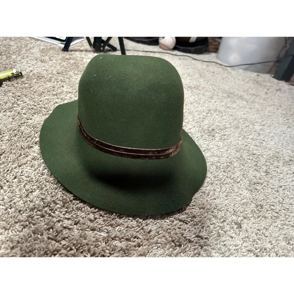 Vintage Green Wool Felt‎ Floppy Hat Brown Bow Cottagecore Earthy Retro Classy